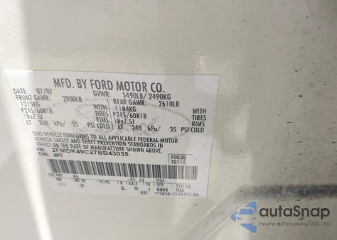 2007 Ford Edge Sel Plus from USA, damaged, VIN 2FMDK49C27BB43035